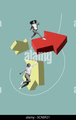 Trend-Artwork-Poster Composite-Bildcollage von Team-Paar junge Frau gelaufen Fliegenpfeil Richtung Ziel Ziel-Prozess Start-up-Entwicklung Stockfoto