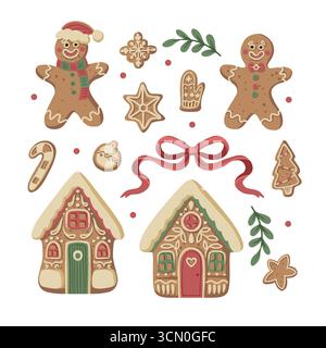 Weihnachten Lebkuchen Lebkuchen Lebkuchen isoliert Kekse Häuser Bogen Fäuste Schneeflocke Stern Süßigkeiten festliches Set Stock Vektor