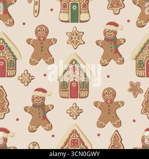 Weihnachten Lebkuchen Lebkuchen Lebkuchen nahtloses Muster mit Häusern Kekse Schneeflocken Fäustlinge Sterne festliche Feiertage Stock Vektor