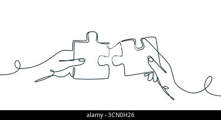 Monoline menschliche Hände verbinden Puzzleteile. Vektordarstellung mit durchgehender Linie. Teamwork-Lösungen und Zusammenarbeit für Geschäftsziele. Zusammenarbeit, Stock Vektor