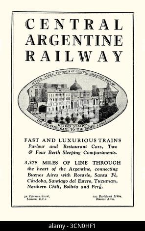 Eine Werbung für die Central Argentine Railway, die 1931 in einem Handbuch für Reisen nach Südamerika erschien. Die Abbildung zeigt den Bahnhof Retiro in Buenos Aires. Die Central Argentine Railway (CA oder Ferrocarril Central Argentino) war eine von mehreren Breitspurbahnen, die britische Unternehmen in Argentinien gebaut und betrieben haben. Das Unternehmen wurde im 19. Jahrhundert gegründet, um die Provinzen Santa Fe und Córdoba in der östlichen Zentralregion des Landes zu bedienen. Später dehnte sie ihre Tätigkeit auf Buenos Aires, Tucumán und Santiago del Estero aus – klassische Grafiken aus den 1930er Jahren. Stockfoto
