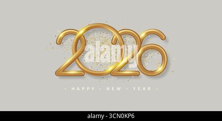 2026 Happy New Year Banner mit realistischen goldenen Zahlen. Abbildung des isolierten Vektors Stock Vektor