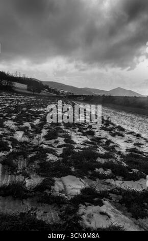 Schwarzweißbild einiger Felder, die mit Schnee bedeckt sind, mit Bergen im Hintergrund in Mittelitalien Stockfoto