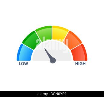 Tachometer zeigt niedrigen Wert in farbenfroher Leistungsmessskala an Stock Vektor