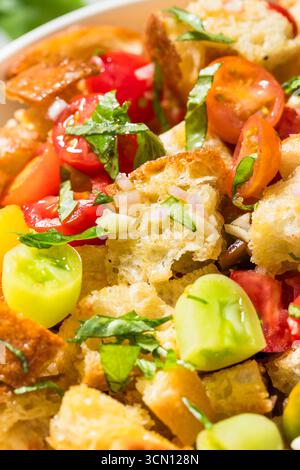 Hausgemachter klassischer italienischer Panzanella-Salat mit Basilikumtomaten und Olivenöl Stockfoto