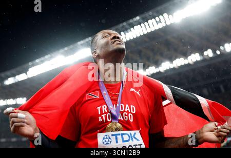 Tokio, Japan. September 2025. Goldmedaillengewinner Keshorn Walcott aus Trinidad und Tobago feiert nach dem Speerwurf der Herren bei den Leichtathletik-Weltmeisterschaften 2025 in Tokio, Japan, 18. September 2025. Quelle: Wang Lili/Xinhua/Alamy Live News Stockfoto