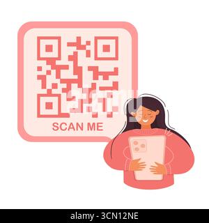 Frau, die ein Smartphone hält und qr-Code zum Scannen anzeigt Stock Vektor