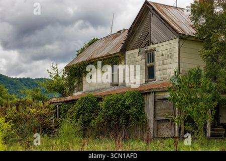 Die Natur hat dieses verlassene Bauernhaus langsam zurückerobert, das man von einer Landstraße im ländlichen Tennessee, USA, aus gesehen hat Stockfoto