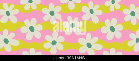 Psychedelische groovige Gänseblümchen welliger Hintergrund in Rosa, Limettengrün und Creme mit abstraktem Retro-Blumenmuster. Psychedelic Gänseblümchendesign perfekt für Stock Vektor