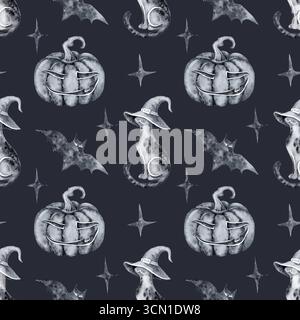 Nahtloses halloween-Muster mit Aquarell-schwarzen Katzen in Hexenhüten Fledermaus-Sternen und lustigen Kürbissen auf dunkelblaugrünem Hintergrund Hand drawn.jpg Stockfoto