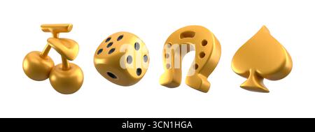 3D-Casino-Symbol mit goldener Kirsche und Würfel, Hufeisen und Spaten für Glücksspiele. Luxuriöse, glänzende Spielsymbole in Metallic-Optik für Spielautomaten oder Wettschnittstellen. Erstklassige Fortune-Elemente Stock Vektor
