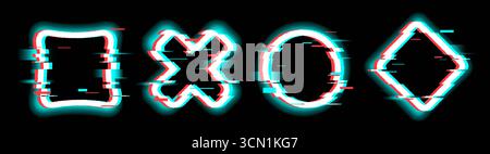 GlitchFrame Bug Shapes mit verzerrten Neonrändern und digitalen Interferenzen für das Design von Cyberpunk-Schnittstellen. Quadrat und Kreuz, Kreis- und Rautenumrisse mit beschädigten Pixeln. Technische Fehlergrafiken. Stock Vektor