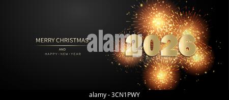 Weihnachtshintergrund mit Text, goldenen Zahlen und Feuerwerk auf dunklem Hintergrund. Stock Vektor