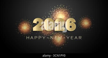 Silvester Hintergrund mit goldenen Zahlen 2026, Feuerwerk und Happy New Year auf dunklem Hintergrund. Weihnachtsflyer, Grußkarte, Banner. Stock Vektor