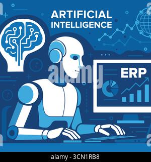 Künstlicher Intelligenzroboter mit ERP-System und digitalem Transformationskonzept, ERP-Licht-Hintergrund, AI-Roboter mit ERP-Dashboard mit digitalem Menschen Stock Vektor