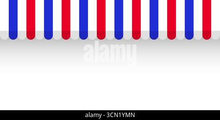 Sonnenschirm anzeigen. Realistisch gestreifte Café-Markise. Marktzelt im Freien. Dachdach in französischen Flaggenfarben. Sommerladen. Vektorabbildung. Stock Vektor