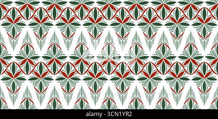 Nahtloses Weihnachtsmuster. Geometrien-Zickzack-Winterschmuck gekrümmter Linien. Grüne und rote Fantasy-Sterne auf weißem Hintergrund. Klassisches weihnachtliches Dekor Stock Vektor