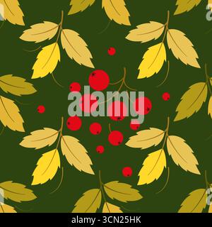 Grünes, herbstliches, nahtloses Muster von vogelbeeren. Sich wiederholende Blumenschmuck. Botanische Vektor-Illustration von hellen Blättern und Beeren auf dunklem Hintergru Stock Vektor