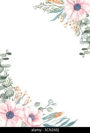 Vorlage Für Blumenkarten. Anemone und Eukalyptus vertikaler quadratischer Rahmen, Rand mit trockenem gelbem Tansy und Spikelets aus Weizen oder Roggen. Handgezeichnetes Aquarell Stockfoto