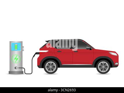 Laden von Elektrofahrzeugen oder Elektrofahrzeugen an der Ladestation. Grüne Energie oder umweltfreundliches Konzept. Vektorabbildung. Stock Vektor