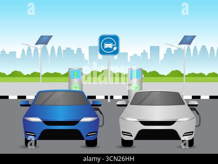 Laden von Elektrofahrzeugen oder Elektrofahrzeugen an der Ladestation auf dem Parkplatz. Grüne Energie oder umweltfreundliches Konzept. Vektorabbildung. Stock Vektor