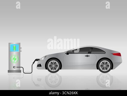 Laden von Elektrofahrzeugen oder Elektrofahrzeugen an der Ladestation. Grüne Energie oder umweltfreundliches Konzept. Vektorabbildung. Stock Vektor