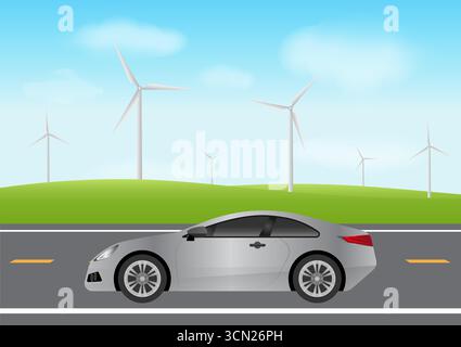 Elektroauto oder Elektrofahrzeug, das in der Stadt fährt. Grüne Energie oder umweltfreundliches Konzept. Futuristisches Transportkonzept. Vektorabbildung. Stock Vektor
