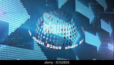 Zeigt Blockchain-Globus, der sich im digitalen Netzwerkraum dreht, mit „Blockchain“-Textring und Pfeilen. Futuristisch, digital, Technologie, Cyberspace, Daten Stockfoto