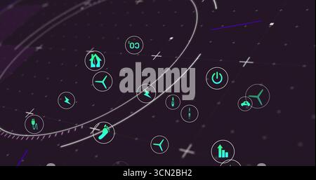 Schwimmender Cluster grüner kreisförmiger Energiesymbole im virtuellen Netzwerkbereich, die erneuerbare Daten anzeigen. Futuristisch, digital, lebendig, Konnektivität, Innovation Stockfoto