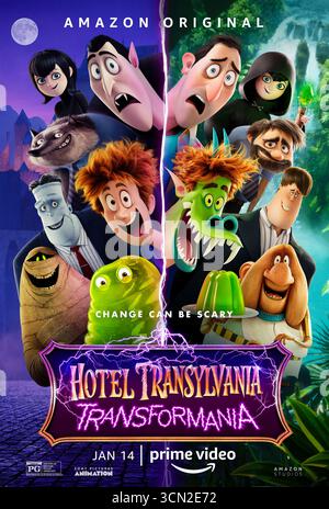 Hotel Transylvanien: Transformania (2022) unter der Regie von Derek Drymon und Jennifer Kluska mit Andy Samberg, Selena Gomez und Kathryn Hahn. Dracula und sein Schwiegersohn Johnny laufen um die ganze Welt, um ein Heilmittel zu finden, nachdem ein Strahl Monster zwingt, Menschen zu Menschen zu werden, und Menschen zu Monstern. US-Poster NUR FÜR REDAKTIONELLE ZWECKE. Quelle: BFA/Amazon Studios Stockfoto