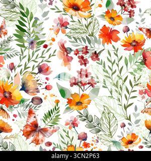 Nahtloser Hintergrund mit gelben Aquarellblumen. . Handgezeichnet. Nicht AI, Vektorillustration Stock Vektor