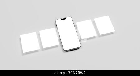 Social Media Post Mockup. Draufsicht eines Mobiltelefons mit App-Seitendesign für Benutzer-Karussell nach dem Feed. Stockfoto