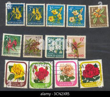 Lemberg, Ukraine, 20. Januar 2014 Eine Sammlung gebrauchter Gedenkbriefmarken aus Neuseeland zeigt atemberaubende Blumenmotive. Stockfoto