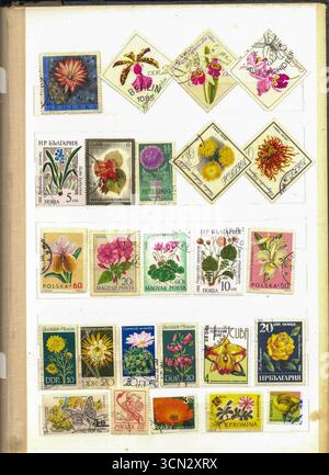 Lemberg, Ukraine, 20. Januar 2014 die Auswahl an gebrauchten Gedenkmarken zeigt einzigartige und lebendige Blumenmuster aus verschiedenen Nationen, perfekt für jeden Stockfoto