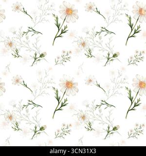 Nahtloses Aquarellmuster mit Blumen und Gänseblümchen. Botanische Illustration weißer Blüten mit gelben Mittelpunkten und grünen Blättern. Weißer Hintergrund Stockfoto