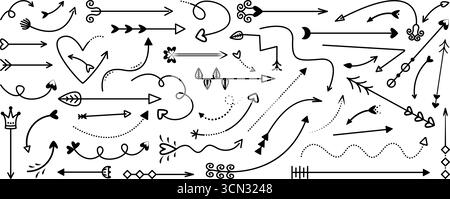 Schwarze Linie Pfeile Kritzelsatz, verschiedene Vektor-Schwarzweiß-Umrisse Navigationsschilder. Lineare dekorative Symbole in verschiedenen Formen und Richtungen Stock Vektor