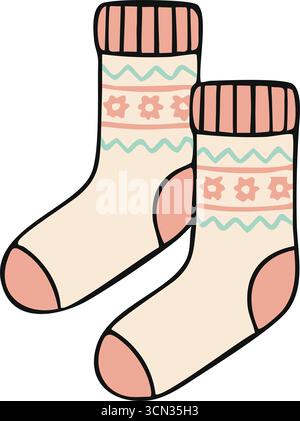 Zwei bequeme knöchellange Socken in Creme mit geometrischen Bändern in Pastellfarben und weichen Fersen und Zehen. Stock Vektor