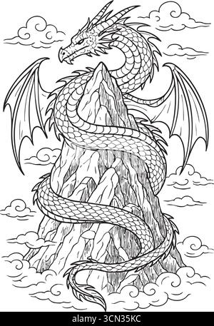 Der sich windende Drache sitzt auf Felsen mit Schuppen Hörnern und Barthaaren, umgeben von wirbelnden Wolken. Stock Vektor