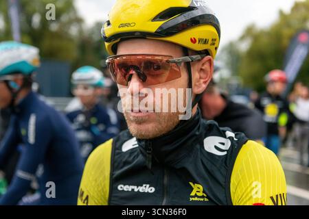 21. Tour durch Großbritannien, Geraint THOMAS Velodrome. Newport. Wales, Großbritannien. Stufe 6.7. September vor dem Rennen Julien Vermote an der Startlinie ein feuchter, regnerischer letzter Tag. Stockfoto