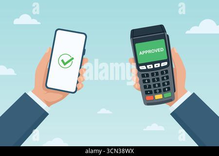 Flache Cartoon-Hände, die Smartphone und POS-Terminal halten, Vektor-Illustration. Kontaktloser mobiler Zahlungsprozess, sichere Zahlungsbestätigung, NFC Stock Vektor