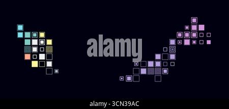 Malaysia, die Form des Landes, gebaut aus farbigen Zellen. Digitale Karte von Malaysia auf dunklem Hintergrund. Große quadratische Blöcke. Stock Vektor
