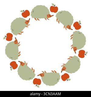 HerbstIgel mit Apfelkreisrahmen. Runder Rand aus handgezeichneten Fallelementen mit Doodle. Im Kreis angeordnet für Aufkleber, Banner, Karten, Anzeigen Stock Vektor