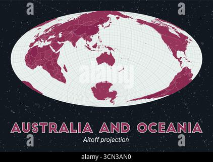 Australien und Ozeanien. Weltkarte. Die Aitoff-Projektion konzentrierte sich auf Australien und Ozeanien. Palette Pale Mint Dark Pink. Vintage-Textur. Stock Vektor
