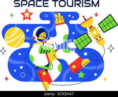 Weltraumtourismus Illustration mit multinationalen Touristen, die auf einer Rakete fliegen, mit Ansichten von Weltraumstationen und mehreren Planeten im Hintergrund Stock Vektor