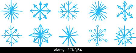 Blue Doodle Schneeflocken Kollektion. Buntstift handgezeichnete Schneeflocke Set. Erstellen Sie funkelnde und kristallklare Skizzierelemente für Weihnachten, Neujahrsfeier, Winterfestdekoration. Vektor Pastellkreide-Form-Pack Stock Vektor