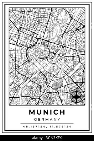 Straßenkarten von München, Deutschland, Schwarzweiß-Poster mit Standortkoordinate und Kompassposition, Wanddekoration zum Ausdrucken bereit Stock Vektor