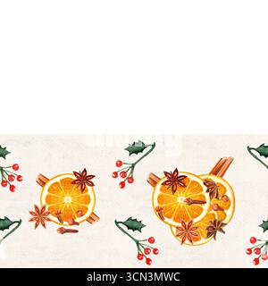 Orangenscheiben mit Zimtstäbchen, Anissternen, Nelken, stechpalmenblätter, rote Beeren Aquarellrand auf strukturiertem Papier. Perfekt für festliche Veranstaltungen Stockfoto