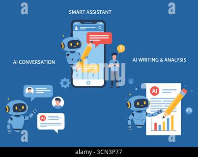 Künstliche Intelligenz Illustrationsset. Sammlungen von Szenen mit Charakteren, die mit KI-Chatbot kommunizieren. Das Konzept der neuronalen Netztechnologie. Vecto Stock Vektor