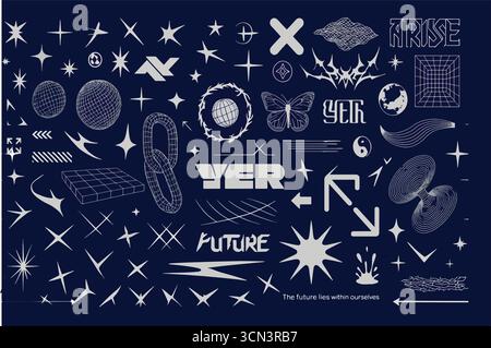 Retrofuturistisch, y2k-Elemente, 3D-Formen, Säurepsychodelik mit Glitch und Flüssigwirkung. Geometrische 3D-Formen, Vaporwellen- und Synthwellenelemente. Stock Vektor
