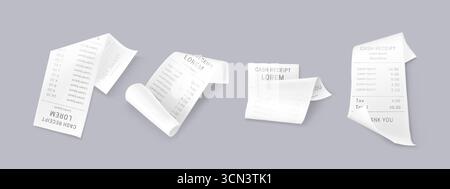 Papierstreifen mit gedrucktem Text und Zahlen auf grauem Hintergrund für Einzelhandelstransaktionen. Weiße Zahlungsbelege mit Preisen und Steuern für Shopping- oder Buchhaltungsmodelle. Stock Vektor